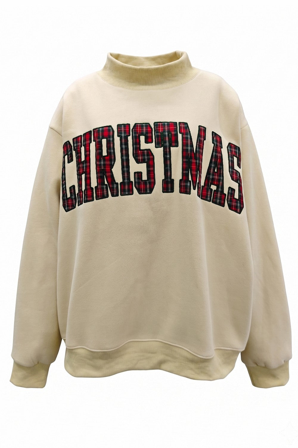 Christmas Cheer Plaid Applique Sweatshirt - Oatmeal
