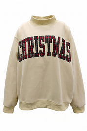 Christmas Cheer Plaid Applique Sweatshirt - Oatmeal