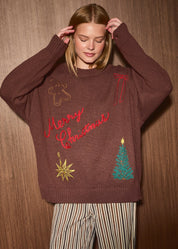 Christmas Postcard Embroidered Knit Sweater in Brown — product photo 02