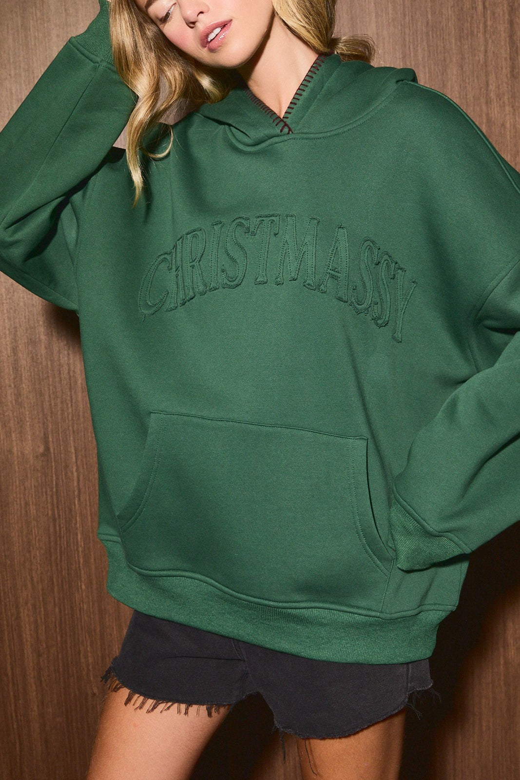 Christmassy Embroidered Whipstitch Hoodie in Dark Green — product photo 05