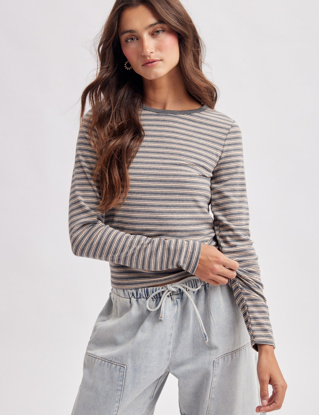 Claremont Striped Crewneck Knit Top - Charcoal Multi