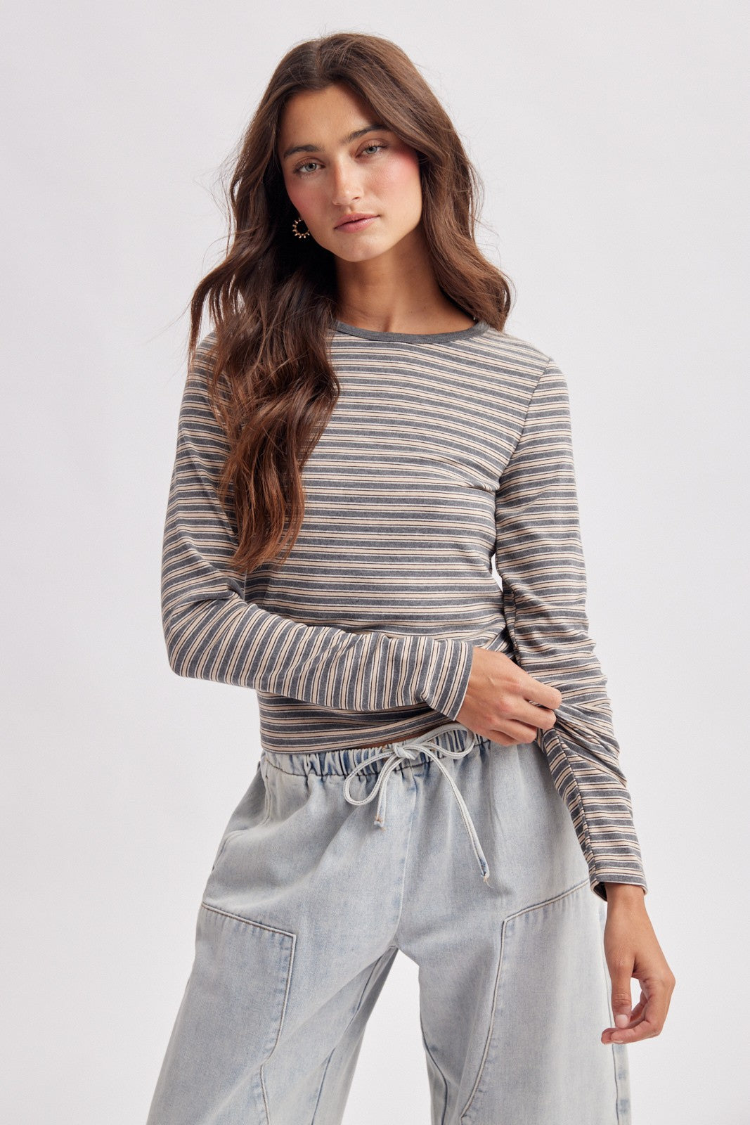 Claremont Striped Crewneck Knit Top - Charcoal Multi