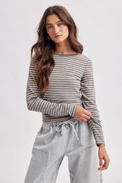 Claremont Striped Crewneck Knit Top - Charcoal Multi