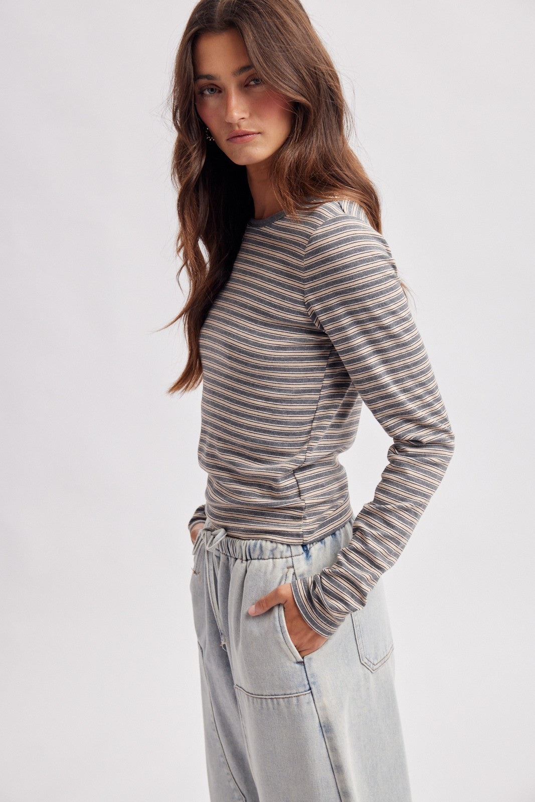 Claremont Striped Crewneck Knit Top - Charcoal Multi
