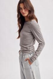Claremont Striped Crewneck Knit Top - Charcoal Multi