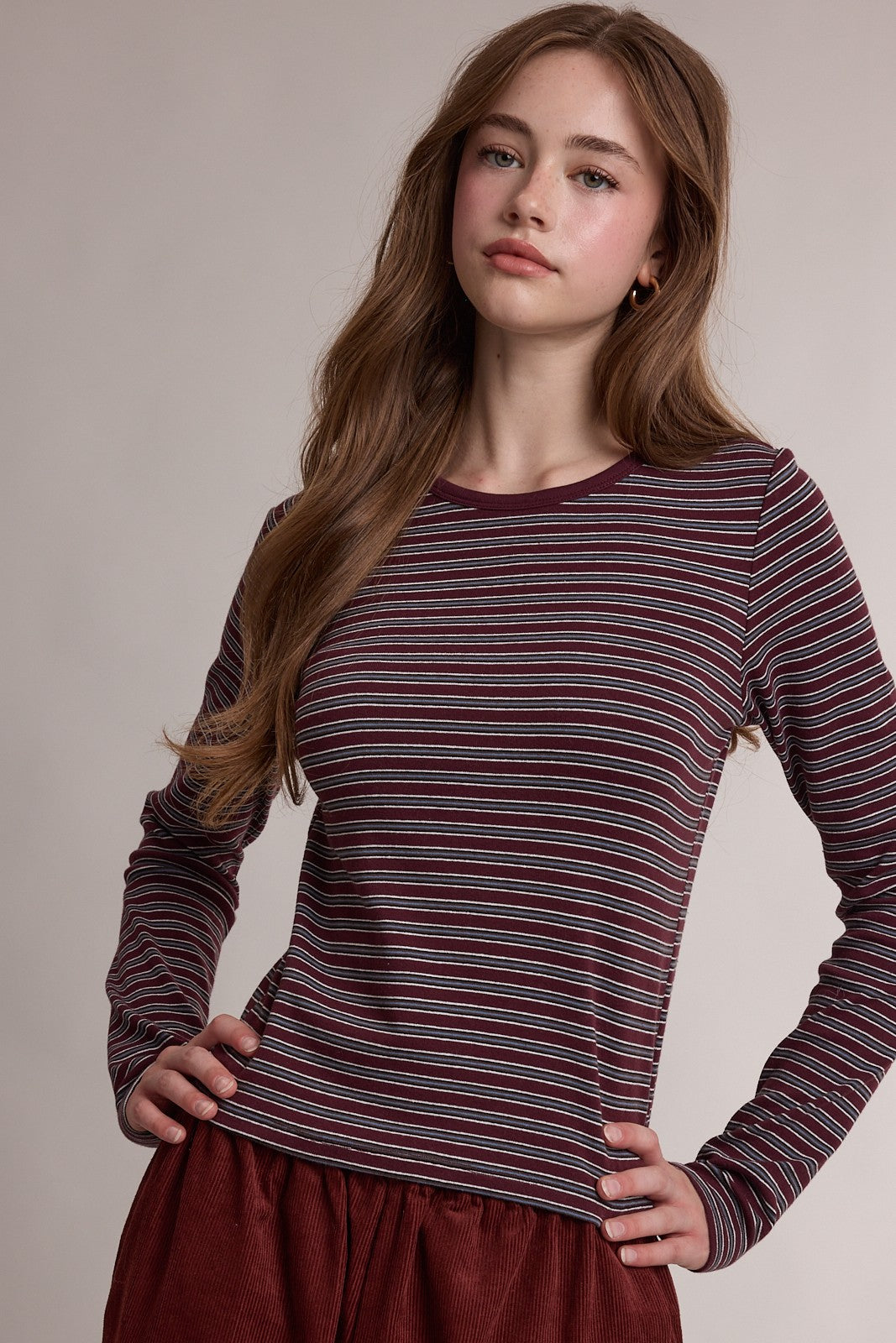 Claremont Striped Crewneck Knit Top - Wine Multi