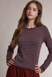 Claremont Striped Crewneck Knit Top - Wine Multi