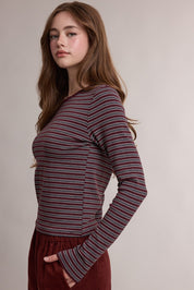 Claremont Striped Crewneck Knit Top - Wine Multi