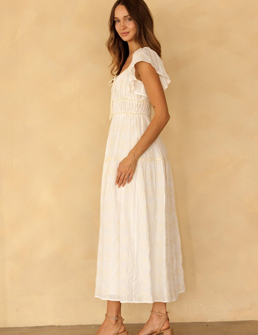 Claribel Embroidered Flutter Sleeve Maxi Dress - Westly