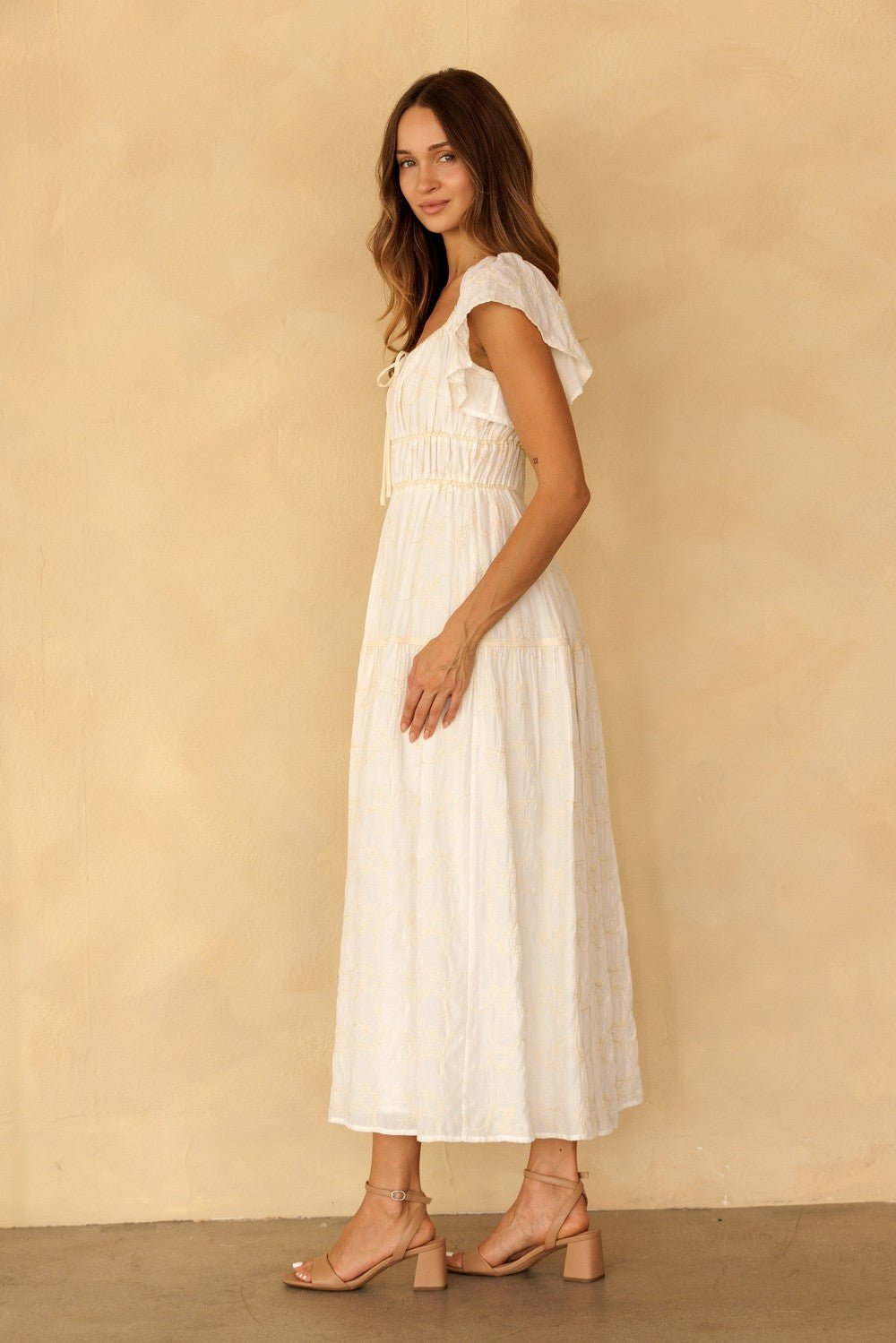 Claribel Embroidered Flutter Sleeve Maxi Dress - Westly