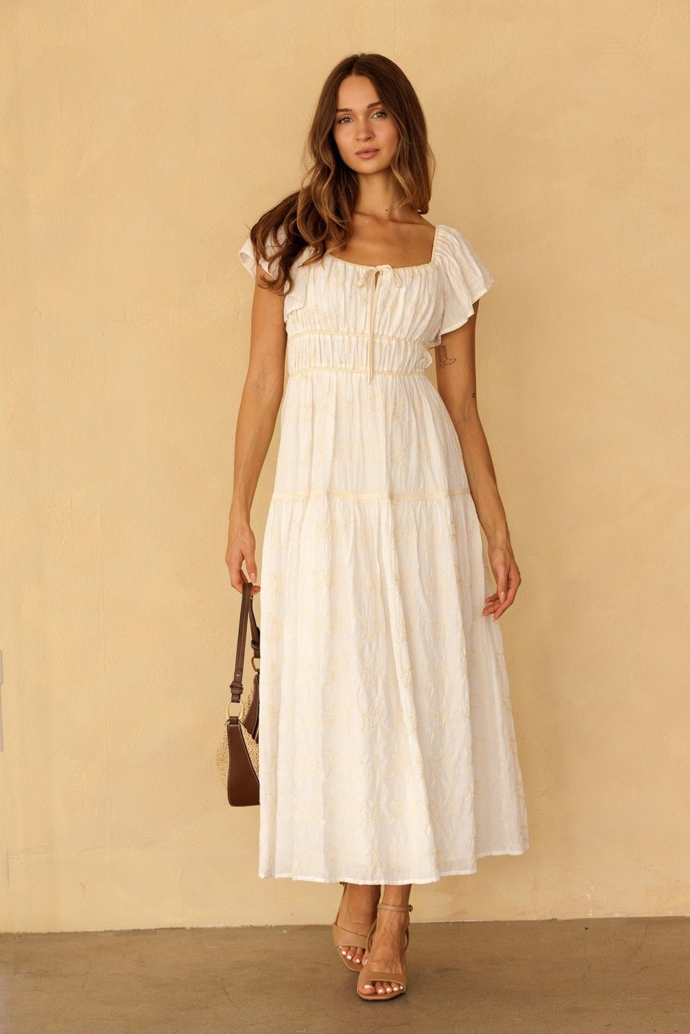 Claribel Embroidered Flutter Sleeve Maxi Dress - Westly