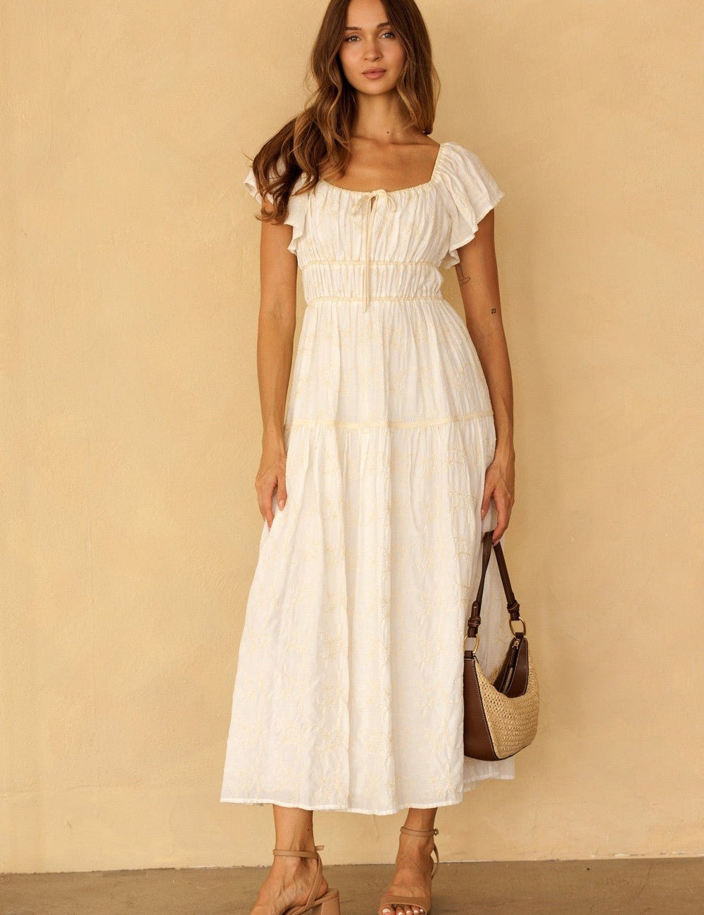 Claribel Embroidered Flutter Sleeve Maxi Dress - Westly
