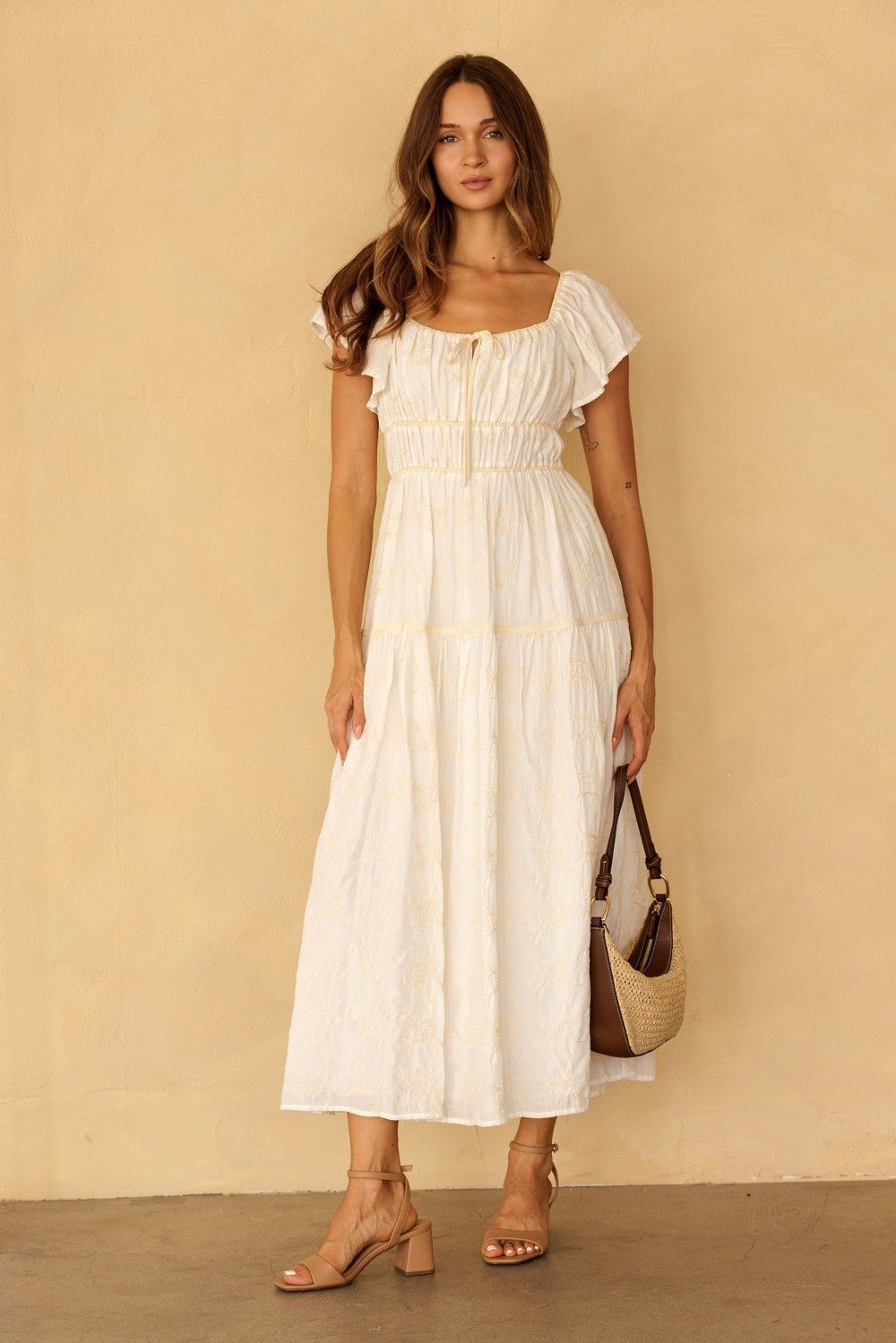 Claribel Embroidered Flutter Sleeve Maxi Dress - Westly