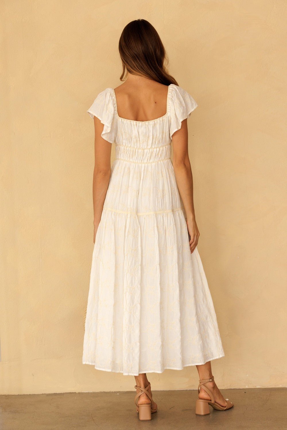 Claribel Embroidered Flutter Sleeve Maxi Dress - Westly