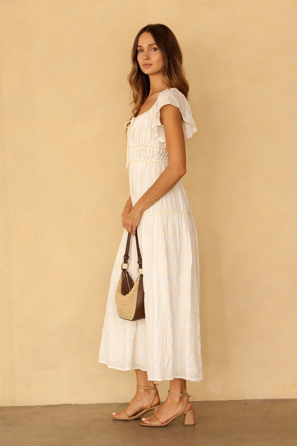 Claribel Embroidered Flutter Sleeve Maxi Dress - Westly