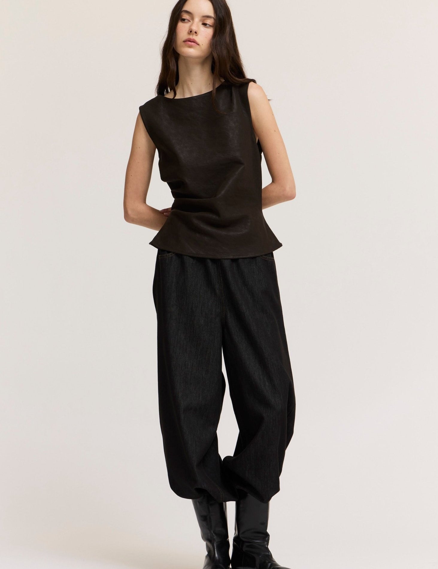 Clean Slate Ruched Faux Leather Shell Top - Westly