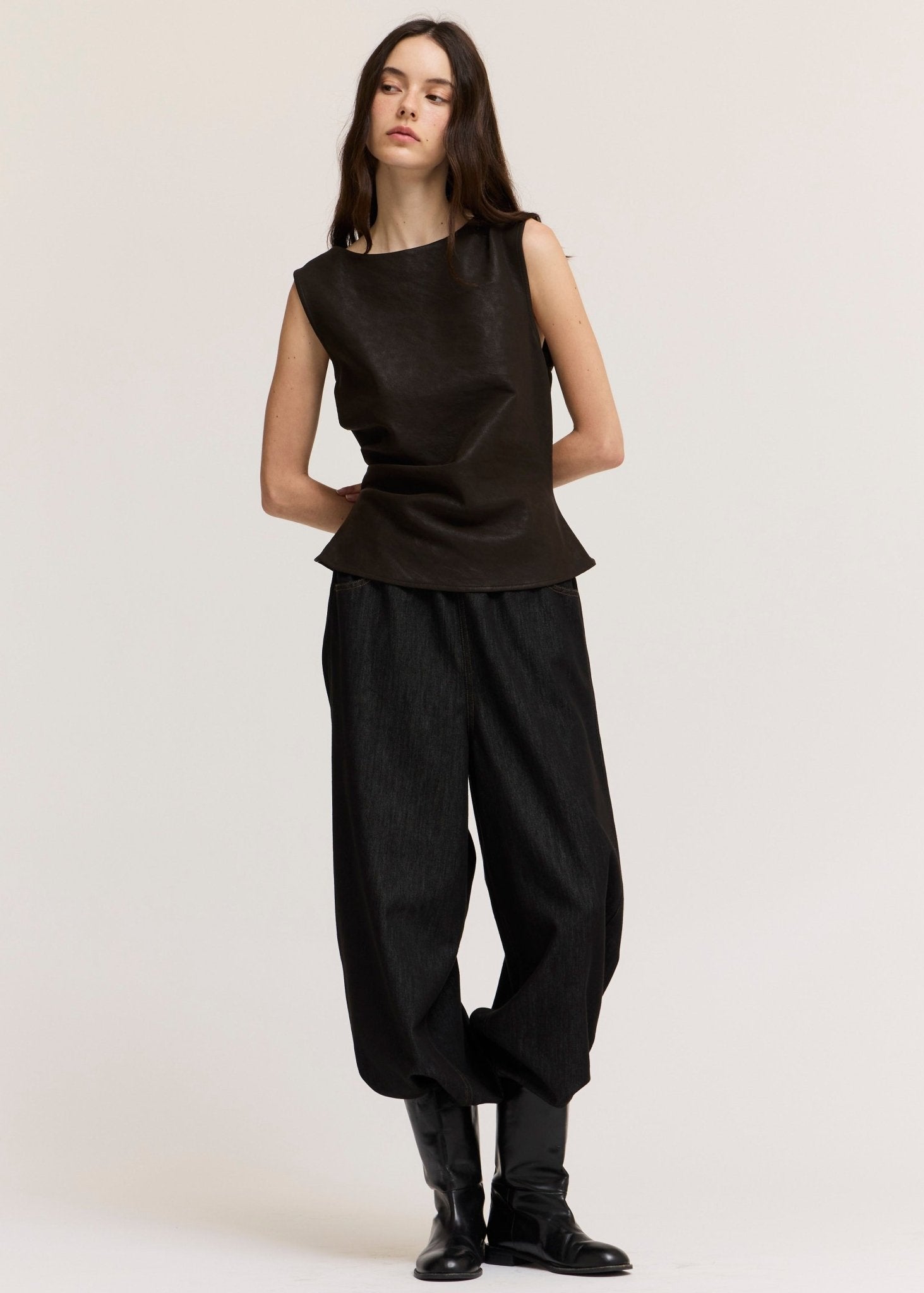 Clean Slate Ruched Faux Leather Shell Top - Westly