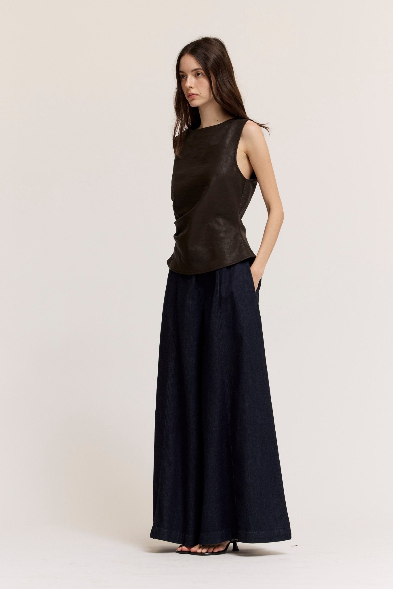 Clean Slate Ruched Faux Leather Shell Top - Westly