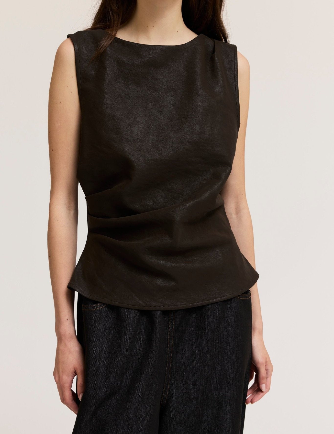 Clean Slate Ruched Faux Leather Shell Top - Westly