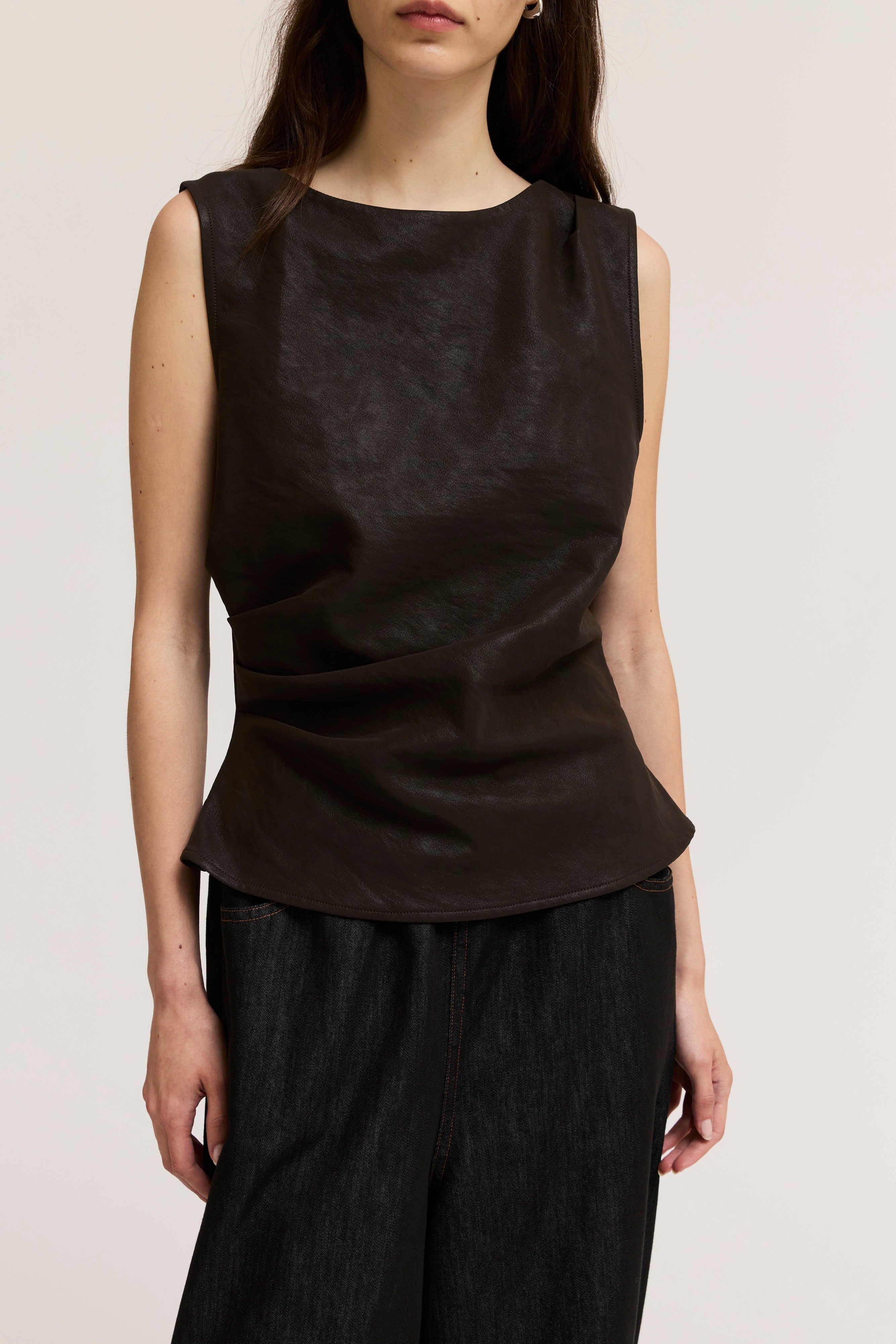 Clean Slate Ruched Faux Leather Shell Top in Espresso, photo 2