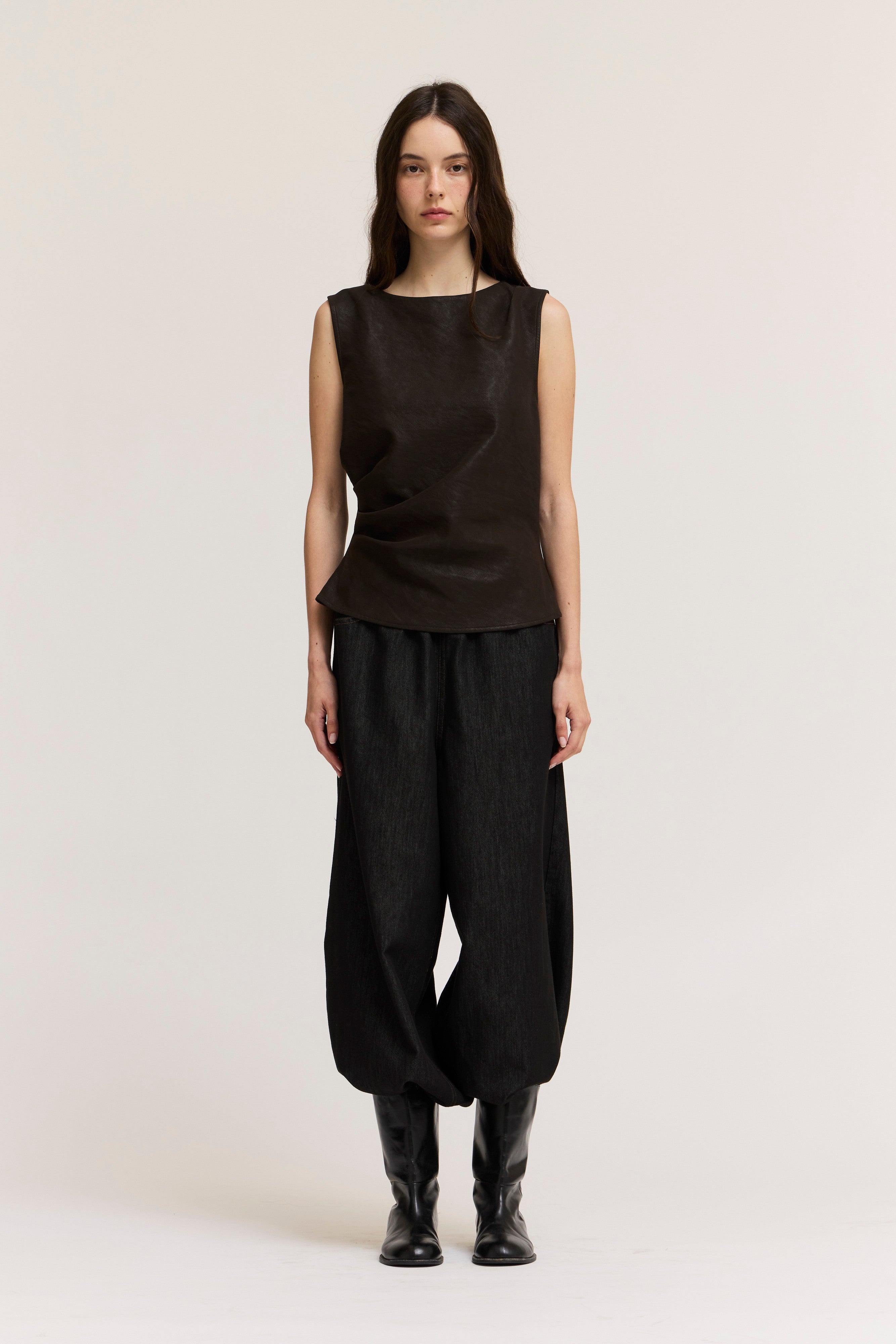 Clean Slate Ruched Faux Leather Shell Top in Espresso, photo 3