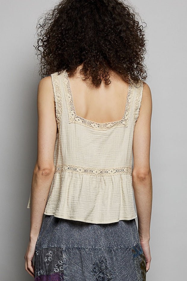 Clover Double Gauze Floral Shirring Square Neck Sleeveless Top - Westly
