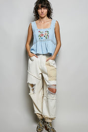 Clover Double Gauze Floral Shirring Square Neck Sleeveless Top - Westly