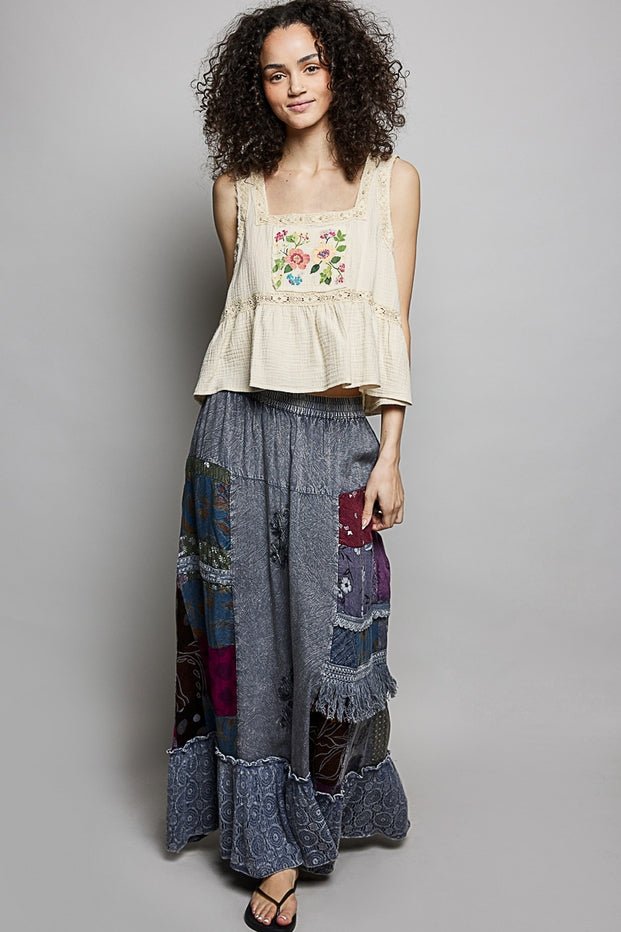 Clover Double Gauze Floral Shirring Square Neck Sleeveless Top - Westly