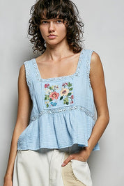Clover Double Gauze Floral Shirring Square Neck Sleeveless Top - Westly