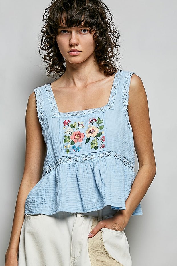Clover Double Gauze Floral Shirring Square Neck Sleeveless Top - Westly