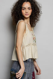 Clover Double Gauze Floral Shirring Square Neck Sleeveless Top - Westly