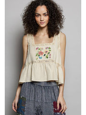 Clover Double Gauze Floral Shirring Square Neck Sleeveless Top - Westly
