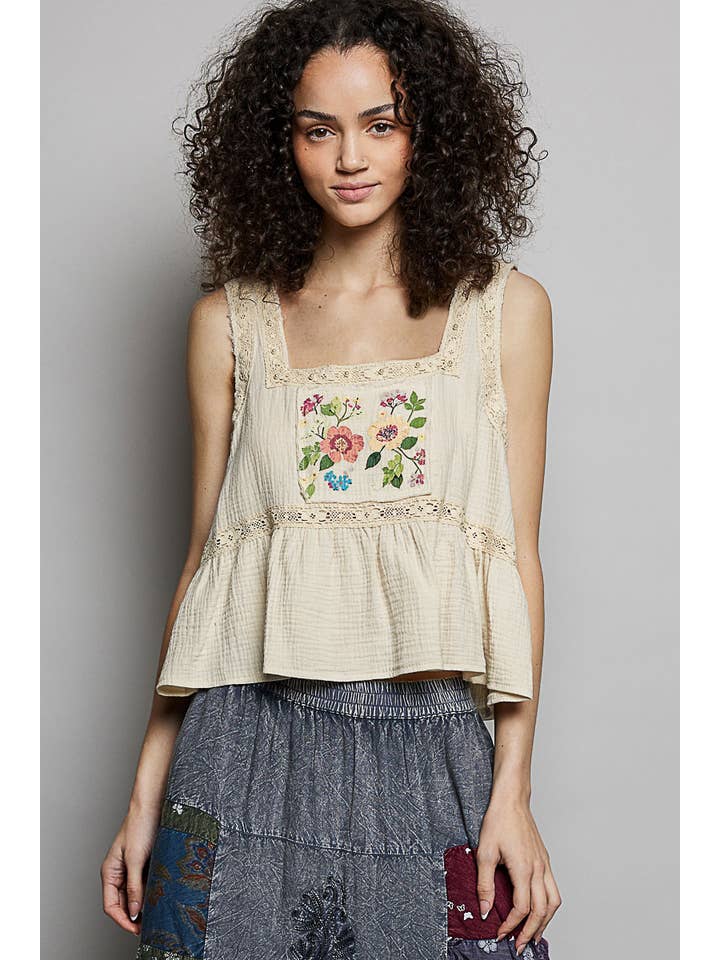 Clover Double Gauze Floral Shirring Square Neck Sleeveless Top - Westly