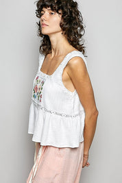 Clover Double Gauze Floral Shirring Square Neck Sleeveless Top - Westly