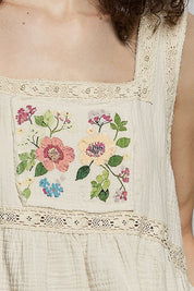 Clover Double Gauze Floral Shirring Square Neck Sleeveless Top - Westly