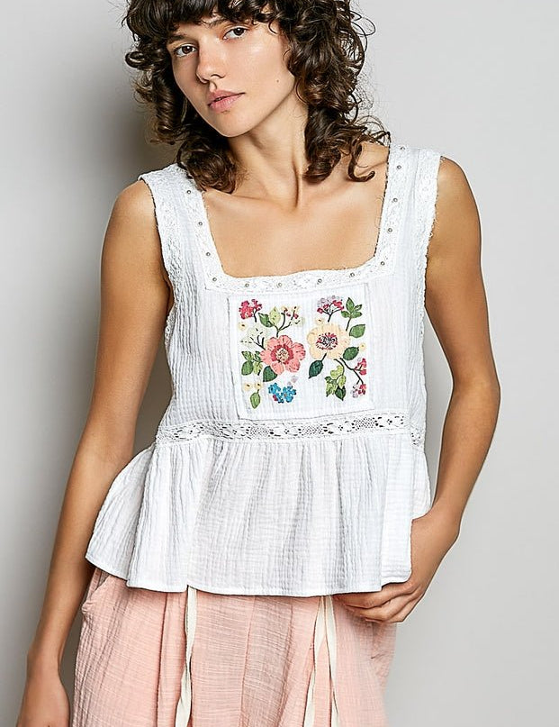 Clover Double Gauze Floral Shirring Square Neck Sleeveless Top - Westly