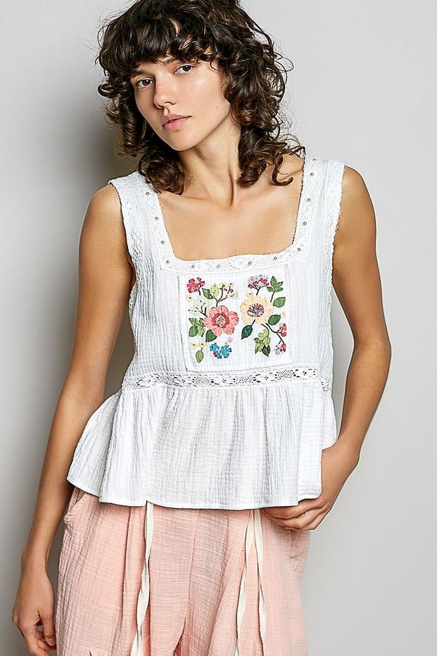 Clover Double Gauze Floral Shirring Square Neck Sleeveless Top - Westly