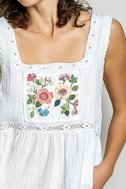 Clover Double Gauze Floral Shirring Square Neck Sleeveless Top - Westly