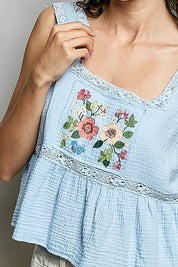 Clover Double Gauze Floral Shirring Square Neck Sleeveless Top - Westly