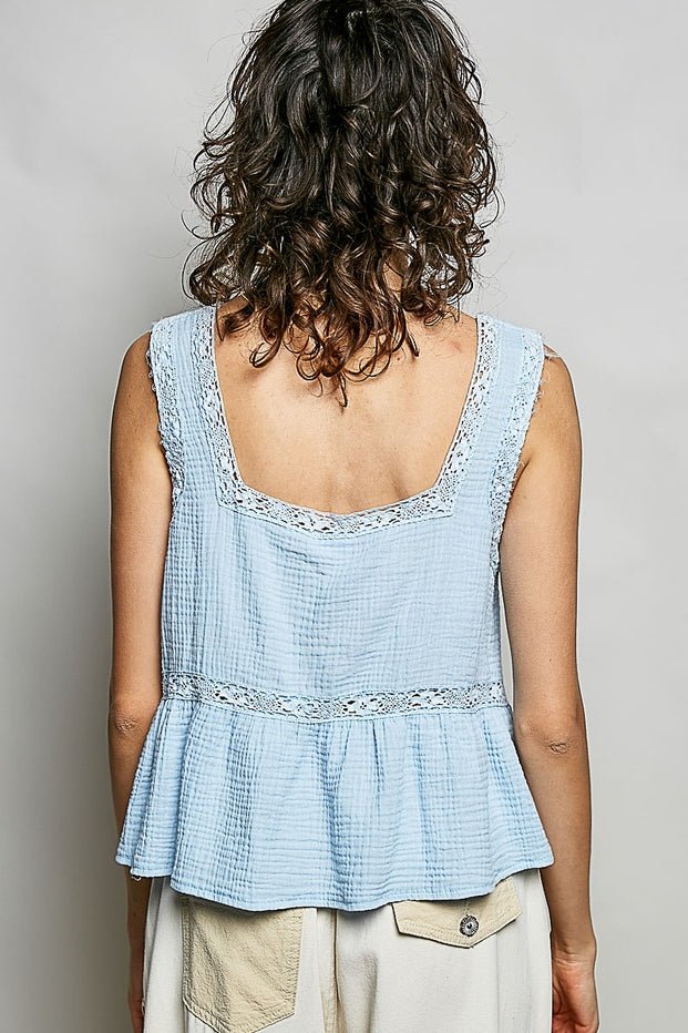 Clover Double Gauze Floral Shirring Square Neck Sleeveless Top - Westly
