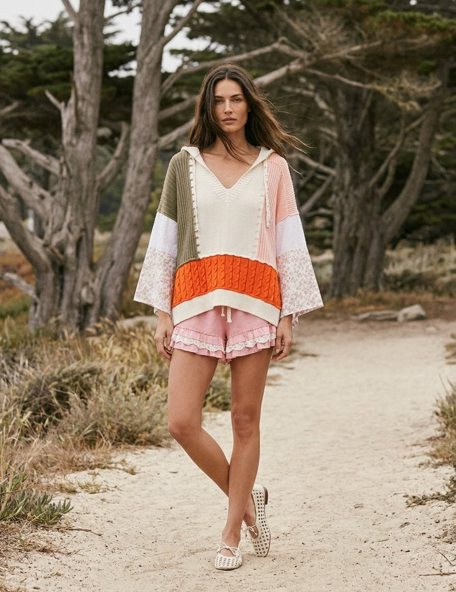 Coastal Collage Color Block Crochet V - Neck Hoodie - Westly