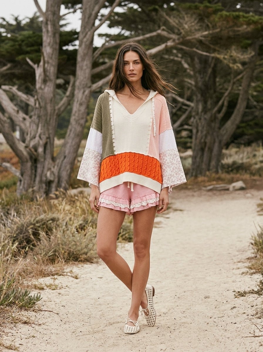 Coastal Collage Color Block Crochet V - Neck Hoodie - Westly