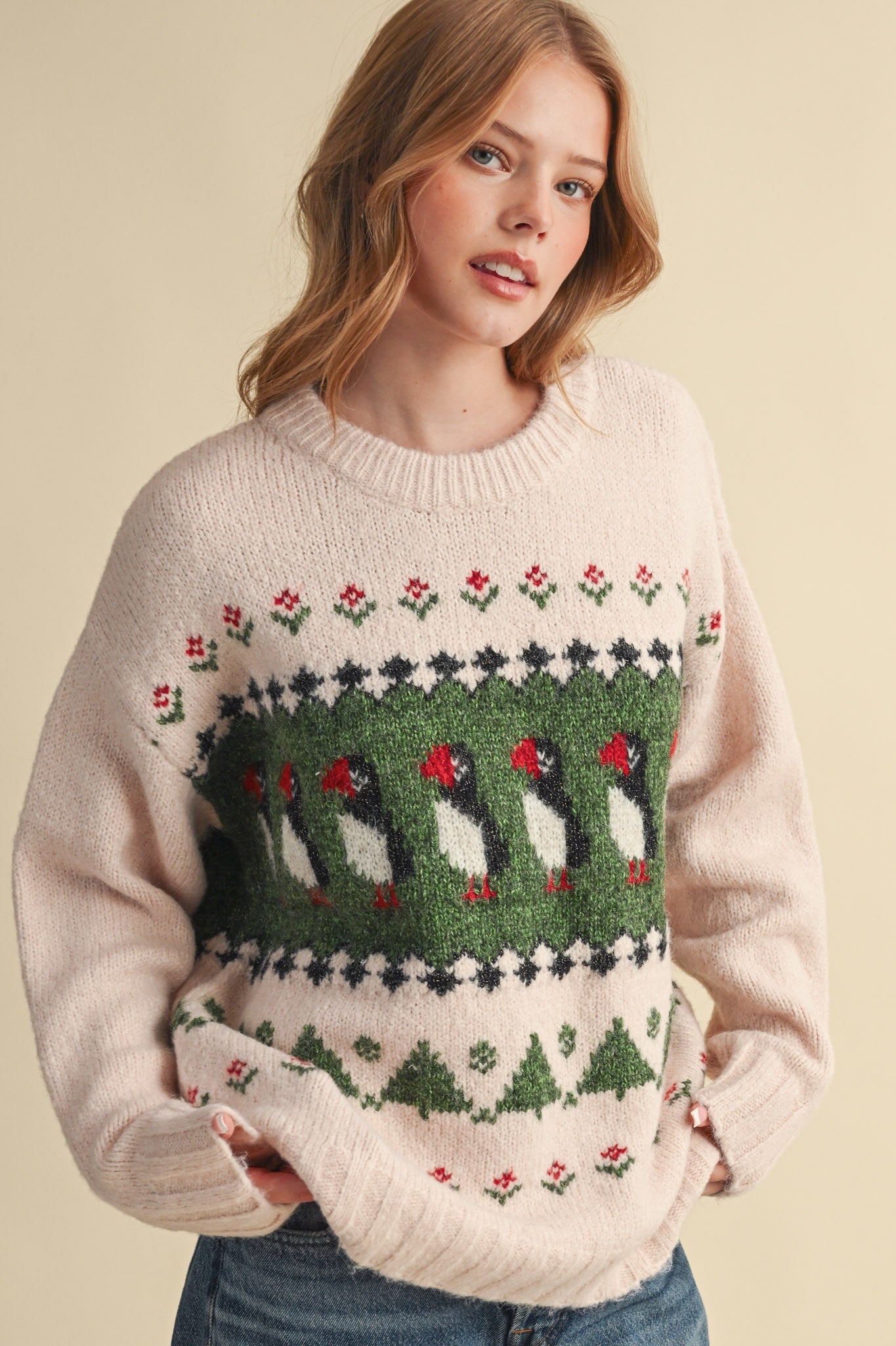 Coastal Colony Puffin Motif Sweater in Pastel Pink - product photo 3