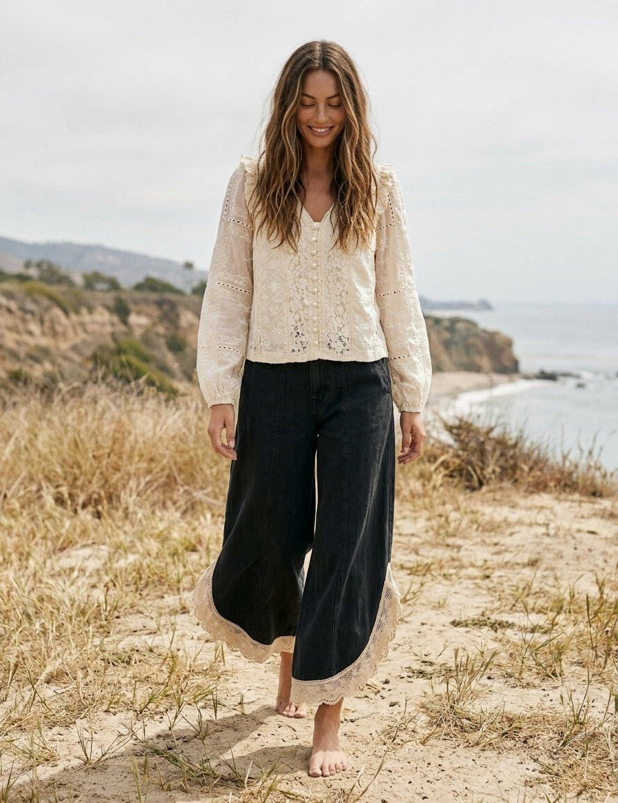 Coastal Tulip Lace Hem Denim Pants - Westly