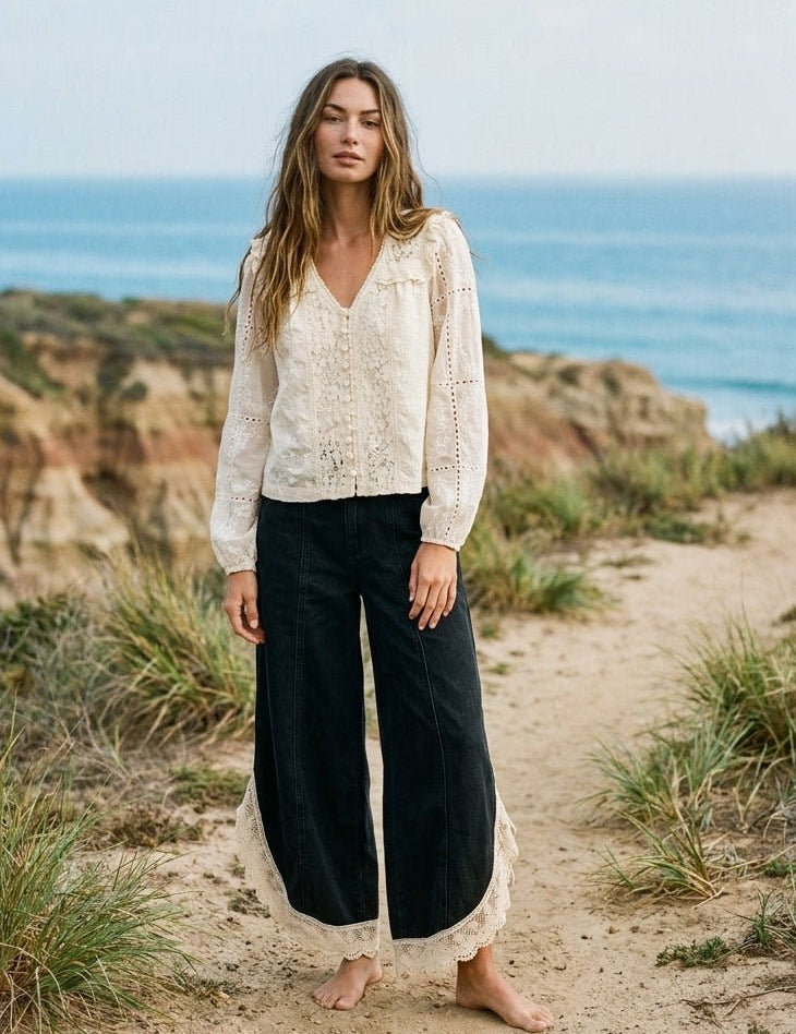 Coastal Tulip Lace Hem Denim Pants - Westly