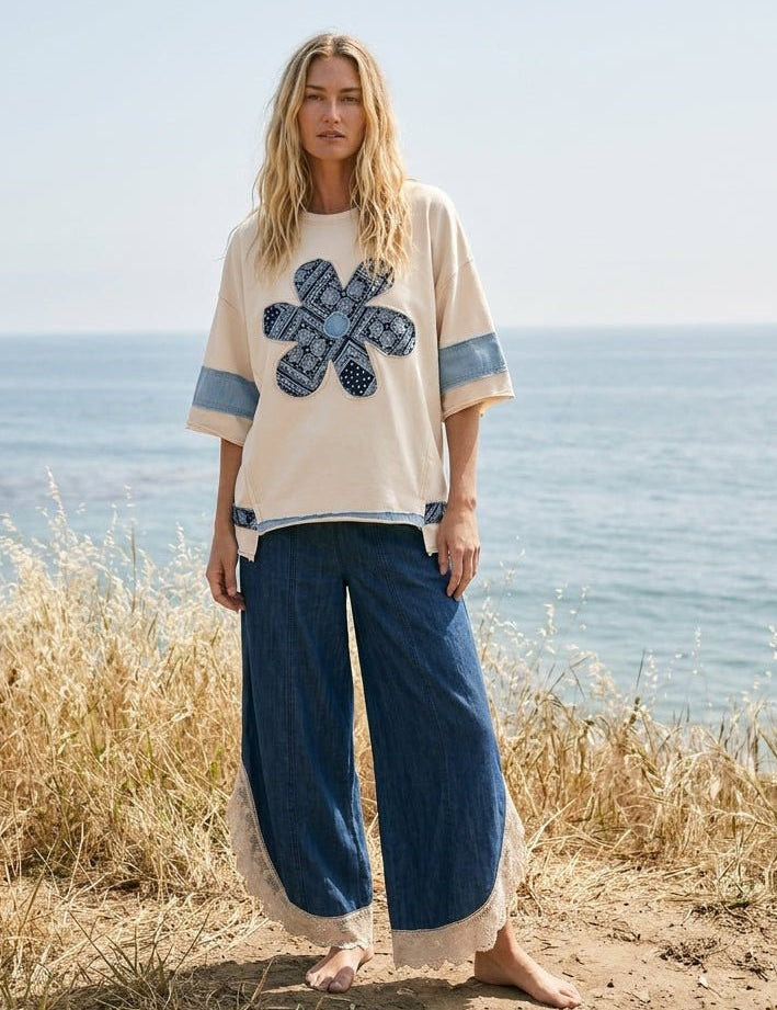 Coastal Tulip Lace Hem Denim Pants - Westly