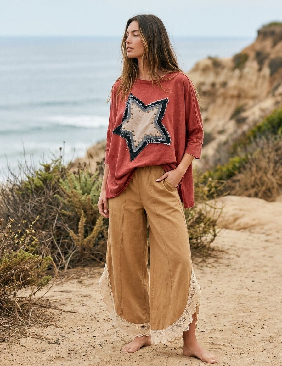 Coastal Tulip Lace Hem Denim Pants - Westly