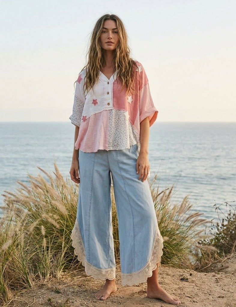 Coastal Tulip Lace Hem Denim Pants - Westly