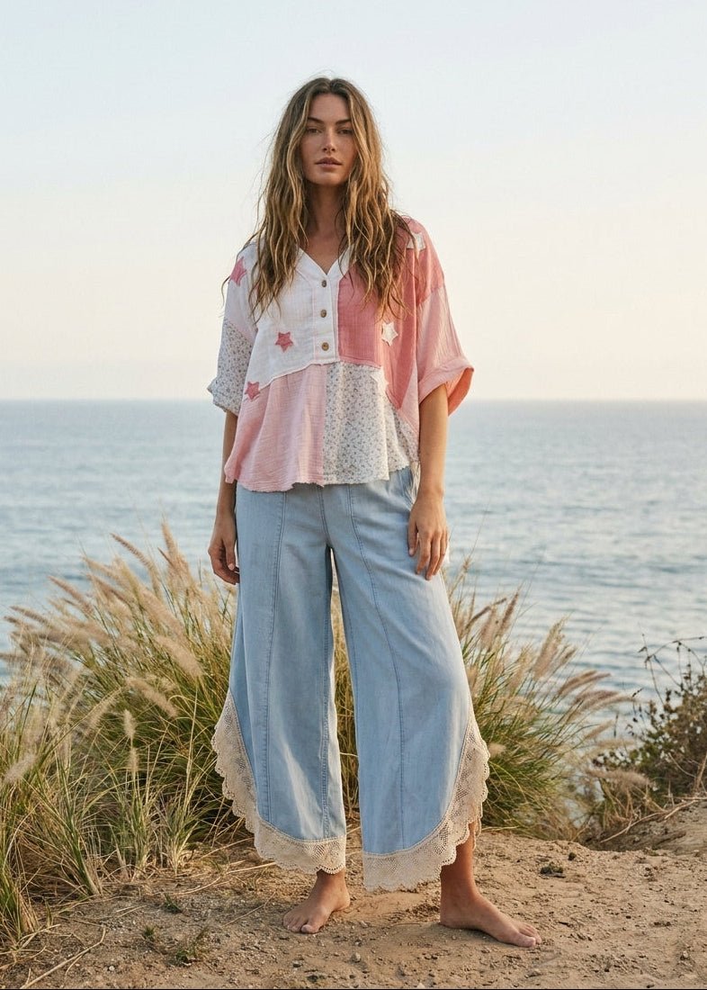Coastal Tulip Lace Hem Denim Pants - Westly