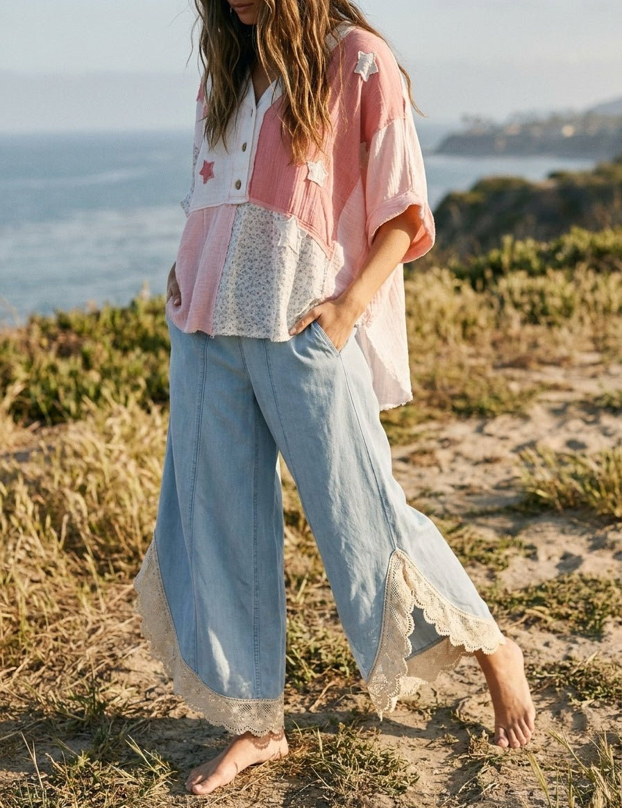 Coastal Tulip Lace Hem Denim Pants - Westly